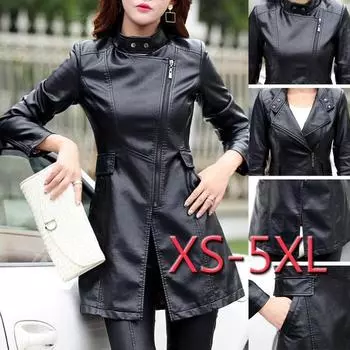 Кожаная куртка-пальто женская тонкая лоскутная длинная женская куртка из искусственной кожи мотоциклетная осенне-зимняя верхняя одежда L чёрный