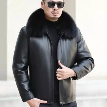 Кожаная куртка-пуховик для мужчин среднего и пожилого возраста, повседневная утолщенная куртка с лацканами, зимний тренд M