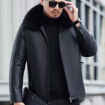 Кожаная куртка-пуховик из натуральной кожи Мужская утолщенная съемная подкладка с воротником из лисьего меха Теплая куртка-пуховик Одежда для папы M
