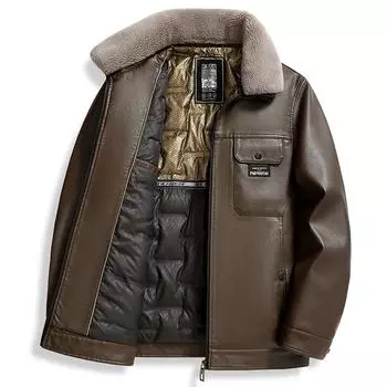 Кожаная куртка-пуховик мужская кожаная куртка со съемным меховым воротником зимняя утолщенная теплая кожаная куртка для папы M