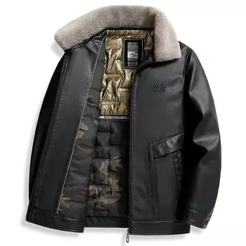 Кожаная куртка-пуховик мужская кожаная куртка со съемным меховым воротником зимняя утолщенная теплая кожаная куртка для папы M