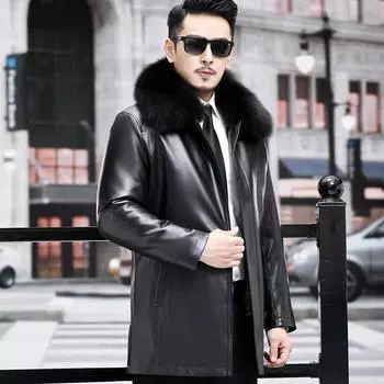 Кожаная куртка-пуховик мужская с лацканами средней длины с подкладкой из овчины меховая куртка среднее пальто Tide M коричневый