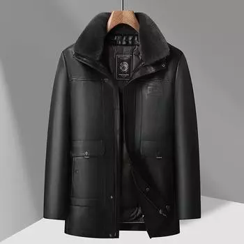 Кожаная куртка-пуховик мужская утолщенная съемная подкладка кожаная куртка средней длины средняя зимняя теплая кожаная куртка для папы 175