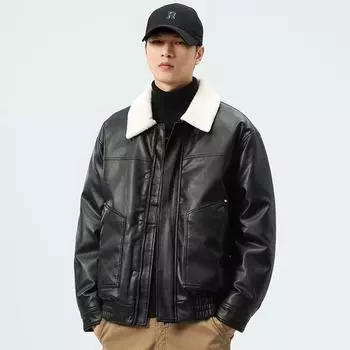 Кожаная куртка-пуховик мужская зимняя 90-х годов белая утиная пуховая термокуртка мужская ретро модная брендовая свободная мотоциклетная куртка с лацканами M чёрный