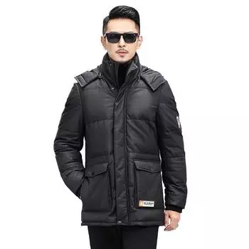 Кожаная куртка-пуховик с капюшоном, утолщенная куртка из коровьей кожи, мужская модная длинная кожаная куртка-тренчкот L чёрный