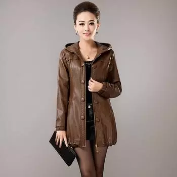 Кожаная куртка с капюшоном для мамы, женское хлопковое пальто средней длины, осень/зима, для тепла, для людей среднего и пожилого возраста, повседневное утягивающее пальто большого размера L