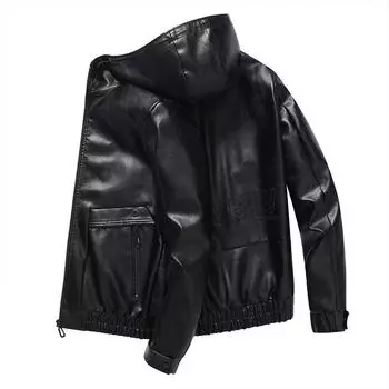Кожаная куртка с капюшоном и вышивкой, мужская зимняя новая кожаная куртка, корейская версия зимней куртки из искусственной кожи M