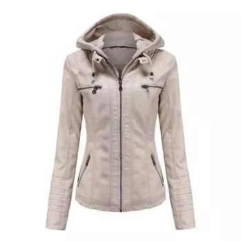 Кожаная куртка с капюшоном, комплект из двух частей, съемная кожаная куртка большого размера для женщин, весеннее и осеннее пальто для женщин, искусственная кожа, мытая XS