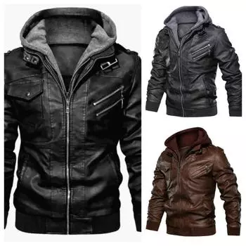 Кожаная куртка с капюшоном, уличная байкерская куртка, приталенная куртка на осень-зиму для мужчин с меховой подкладкой, мужская мотоциклетная куртка, модная мужская куртка S чёрный