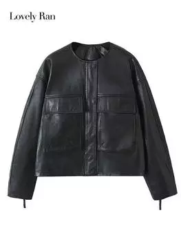 Кожаная куртка с круглым вырезом для женщин, осеннее черное пальто с длинным рукавом, женские куртки с карманами на молнии, повседневная женская верхняя одежда XS чёрный
