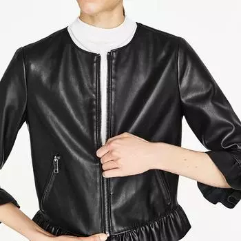 Кожаная куртка с круглым вырезом и рукавом семь четвертей в стиле листьев лотоса, весна-осень 2024, новая короткая женская кожаная куртка для мотоциклистов S чёрный