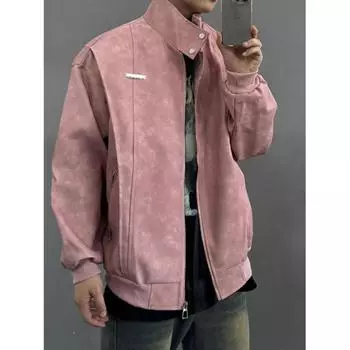 Кожаная куртка с розовыми лацканами для мужчин и женщин, тяжелая мотоциклетная куртка с деконструкцией, красивая и высококачественная бейсбольная форма M