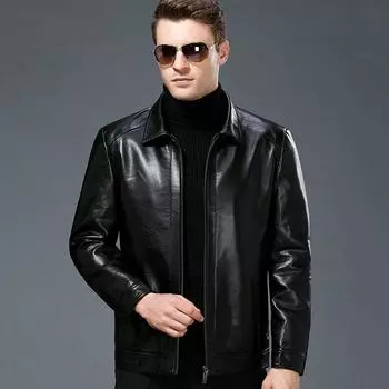 Кожаная куртка среднего и пожилого возраста для мужчин-отцов, мех на осень и зиму, мужская плюшевая куртка с утолщенными лацканами, куртка из натуральной кожи M