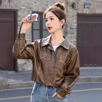 Кожаная куртка в гонконгском стиле для женщин, новый стиль, стильный дизайн, кожаная куртка в стиле ретро для мотоциклистов, короткий топ для невысоких людей M