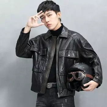 Кожаная куртка в стиле локомотива, первый слой, кожаная куртка из овчины, мужская, с короткими лацканами, модная, красивая, инструментальная куртка M чёрный