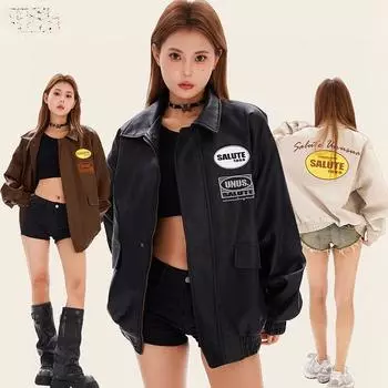 Кожаная куртка в стиле ретро-мотоцикла, бейсбольная форма, свободная куртка пилота нейтрального цвета на осень XL чёрный