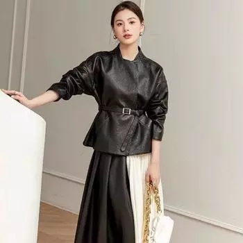 Кожаная куртка в стиле ретро в стиле Гонконга, женская короткая, весенне-осенняя, кожаная куртка, маленький мужчина выглядит худым и чуждым S чёрный
