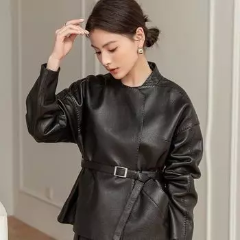Кожаная куртка в стиле ретро в стиле Гонконга, женская короткая, весенне-осенняя, кожаная куртка, маленький мужчина выглядит тонким и чуждым S чёрный