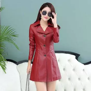 Кожаная куртка женская, черная, винно-красная, L-5XL, осенняя новая корейская мода, длинные тонкие пальто из искусственной кожи Feminina L