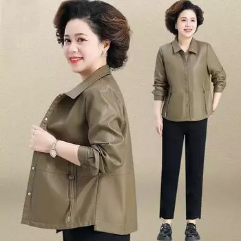 Кожаная куртка женская новая одежда для мам среднего и пожилого возраста, весеннее и осеннее пальто, тонкая короткая кожаная куртка в иностранном стиле, топ L [95-52.5 kg] чёрный