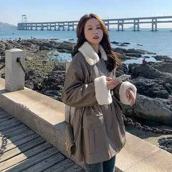 Кожаная куртка женская новая осень и зима 2024 флисовая утолщенная куртка из искусственной кожи с длинным рукавом свободная маленькая средняя и длинная куртка S