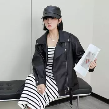 Кожаная куртка женская новая весенне-осенняя модная корейская ретро-байкерская короткая свободная повседневная куртка из искусственной кожи S