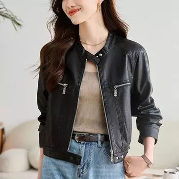Кожаная куртка женская новая весна и осень короткая маленькая осенняя модная повседневная кожаная куртка модный черный цвет S 80-100 чёрный