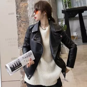 Кожаная куртка женская осенне-зимняя новая кожаная куртка в гонконгском стиле свободная мотоциклетная универсальная искусственная кожа красивый топ модный S