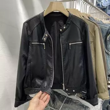 Кожаная куртка женская осенняя одежда новая маленькая стойка воротник модный крутой иностранный стиль ниша короткая стираная локомотив кожаная куртка модная M 90-52.5 kg