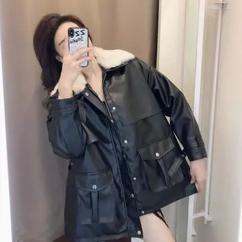 Кожаная куртка женская средней длины зимняя новая корейская свободная хлопковая куртка плюс утолщенный бархат мотоциклетная популярная куртка из искусственной кожи M