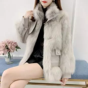 Кожаная куртка женская утолщенная 2024 осень-зима интегрированное меховое плюшевое пальто M recommends 80-55kg