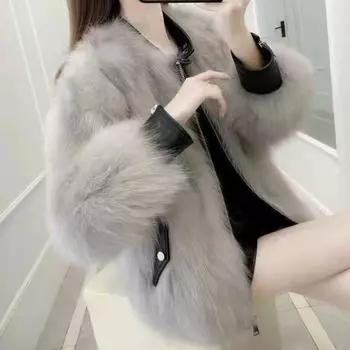 Кожаная куртка женская зимняя 2024 года, новинка, искусственная лисья шерсть, короткая, искусственная кожа, сращивание, пальто прилив S [85-49 kg]