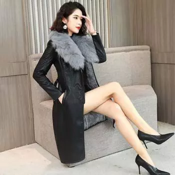 Кожаная куртка женская зимняя с подкладкой, утолщенное длинное пальто с большим воротником для волос, тонкое ветрозащитное кожаное длинное пальто M