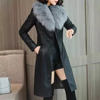 Кожаная куртка женская зимняя с подкладкой, утолщенное длинное пальто с большим воротником для волос, тонкое ветрозащитное кожаное длинное пальто M