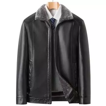 Кожаная куртка зимняя мужская меховая интегрированная утолщенная деловая повседневная кожаная куртка для пап среднего возраста кожаная куртка 170 чёрный