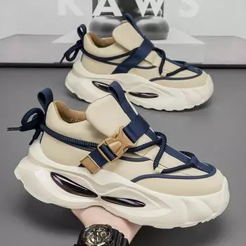 Кожаная модная толстая подошва, усиливающая универсальные туфли для пап, корейская версия высококачественных удобных и дышащих однопедальных спортивных и модных туфель для отдыха 39 темно-синий