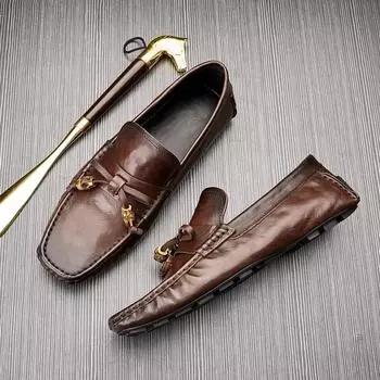 Кожаная мягкая подошва дышащая однопедальная ленивая шапочка обувь круглый носок чехол для ног большой размер кожаная обувь для мужчин 37 чёрный