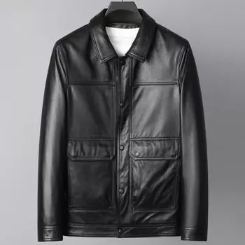 Кожаная мужская куртка из коровьей кожи первого слоя Leather Factory, кожаная куртка с отворотом и подкладкой, деловая кожаная куртка L