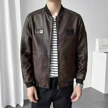 Кожаная мужская куртка весна и осень Новая корейская версия Модная куртка из искусственной кожи большого размера Мужская повседневная верхняя одежда Кожаный топ M