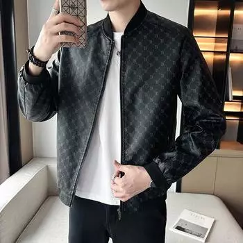 Кожаная мужская куртка весна осень зима тренд красивая и свободная плюшевая бейсбольная воротниковая куртка с принтом кожаная куртка мотоциклетная куртка M