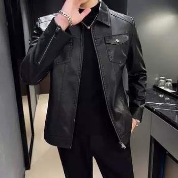 Кожаная мужская осенне-зимняя новая корейская версия, облегающая короткая стильная мужская кожаная куртка с лацканами, модная брендовая мотоциклетная куртка для мужчин M