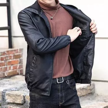 Кожаная мужская осенне-зимняя новая повседневная куртка с капюшоном, красивый мотоциклетный костюм, черная тонкая мужская куртка M чёрный
