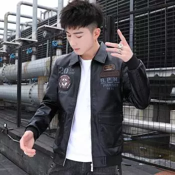 Кожаная мужская осенне-зимняя новая свободная модная тенденция мужская корейская версия авиационная куртка с вышитым логотипом повседневная мотоциклетная одежда 4XL