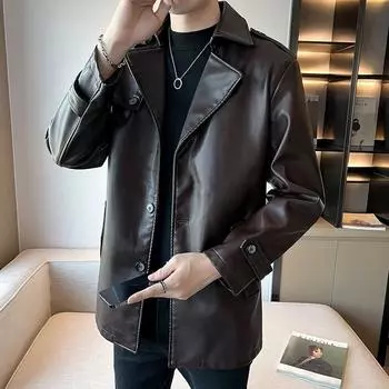 Кожаная мужская весенне-осенняя куртка в гонконгском стиле с лацканами, модная универсальная, красивая свободная повседневная мужская куртка из искусственной кожи M чёрный