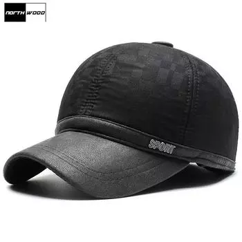 Кожаная мужская зимняя бейсболка NORTHWOOD с ушками, уличная хлопковая кепка Snapback, женская шапка для папы, кепки-дальнобойщики 55-60 cm чёрный