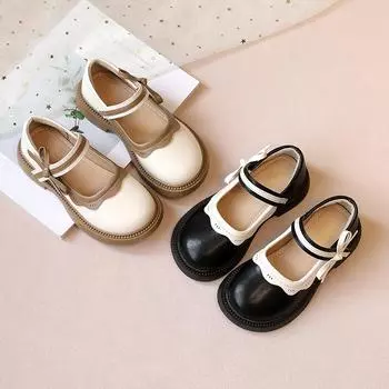Кожаная обувь для девочек. Детская обувь контрастного цвета с украшением в виде банта сбоку. 24