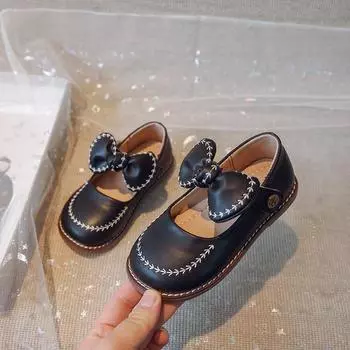 Кожаная обувь для девочек. Модная повседневная кожаная обувь. Обувь для выступлений с бантом. 36 чёрный