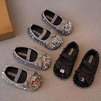 Кожаная обувь для девочек, новая детская обувь весны и осени, туфли принцессы для маленьких девочек, мягкая подошва, туфли-бобы, туфли на одинарной платформе, тренд с блестками 23 чёрный