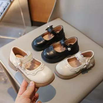 Кожаная обувь для девочек, новые детские туфли принцессы, весенне-осенний британский стиль, однотонные маленькие одинарные туфли на мягкой подошве с бантом и жемчугом 23 бежевый