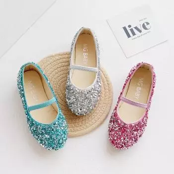 Кожаная обувь для девочек, туфли принцессы, новая корейская версия весенне-осенней детской обуви-бобы, одиночные туфли, туфли для девочек с блестками 21 слоновая кость